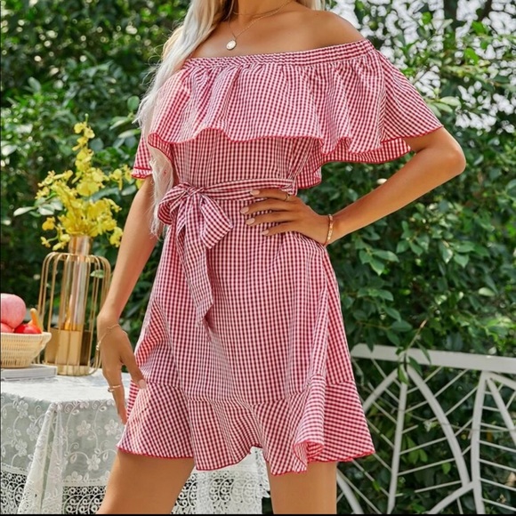 NEW Shein Gingham Print Off The Shoulder Dress - Picture 4 of 8